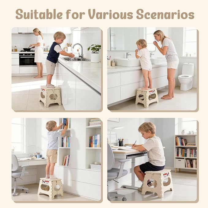 11 Inch Folding Step Stool for Kids, Non-Slip Foldable Stools, Khaki | Heavy Duty Collapsible Foot Stool, Lightweight with Built-in Handle, Holds 300 lb for Adults Kitchen Bathroom Bedroom Outdoor