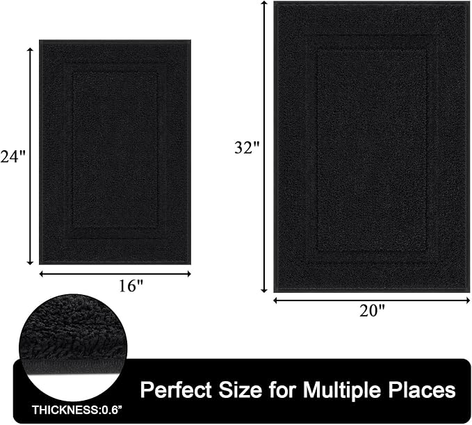 SHACOS Soft Microfiber Bathroom Rugs Set of 2 Pieces, Black | 32x20 + 24x16, Absorbent Plush Bath Rugs, Non Slip Washable Shaggy Bath Mats, Fluffy Bathroom Runner Floor Mats Shower Rug