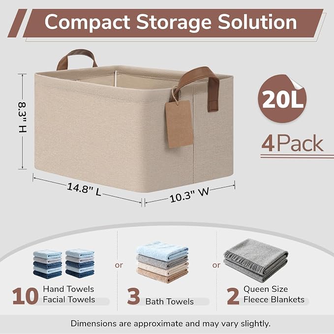 CHICVITA 4 Pack Foldable Storage Baskets with Metal Frame, Brown | 14.8 × 10.3 × 8.3 in, Reinforced Leather Handles, Closet & Shelf Organization, Toys, Clothes & Towels Storage