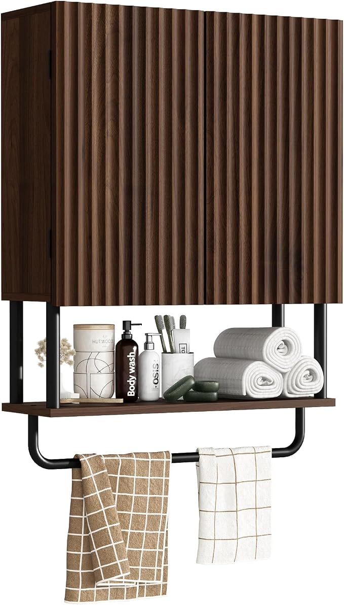 RUSTOWN Fluted Bathroom Wall Cabinet with 2 Doors, 3-Tier Medicine Cabinet | Modern Farmhouse Wall Mounted Cabinets, Over The Toilet Storage Cabinet, Adjustable Shelf and Towel Bar, Medium