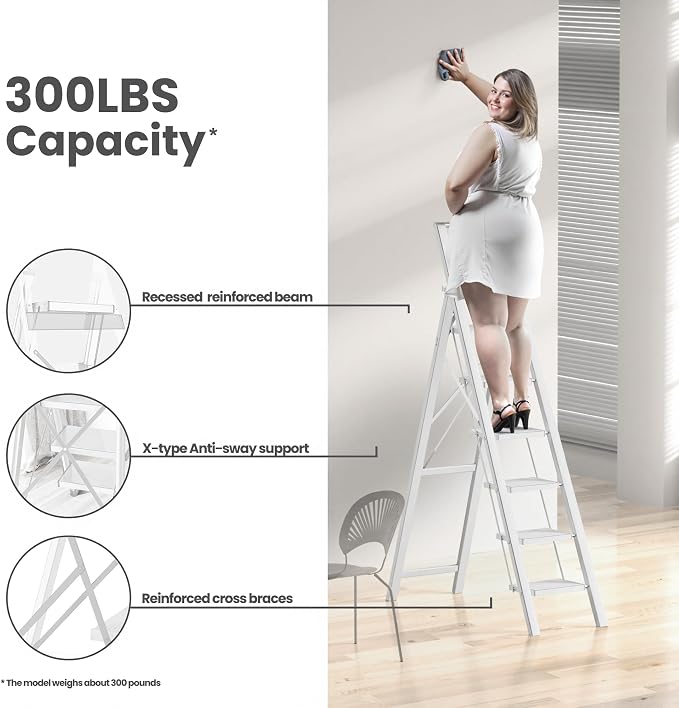 6 Step Ladder, Folding Step Stool, Lightweight Stepladder, White | Reach 12ft;Anti-Slip 7.9'' Wide Pedal;Portable Handrail;Space-Saving;For Kitchen, Home, Library, Office Use;300lbs Capacity