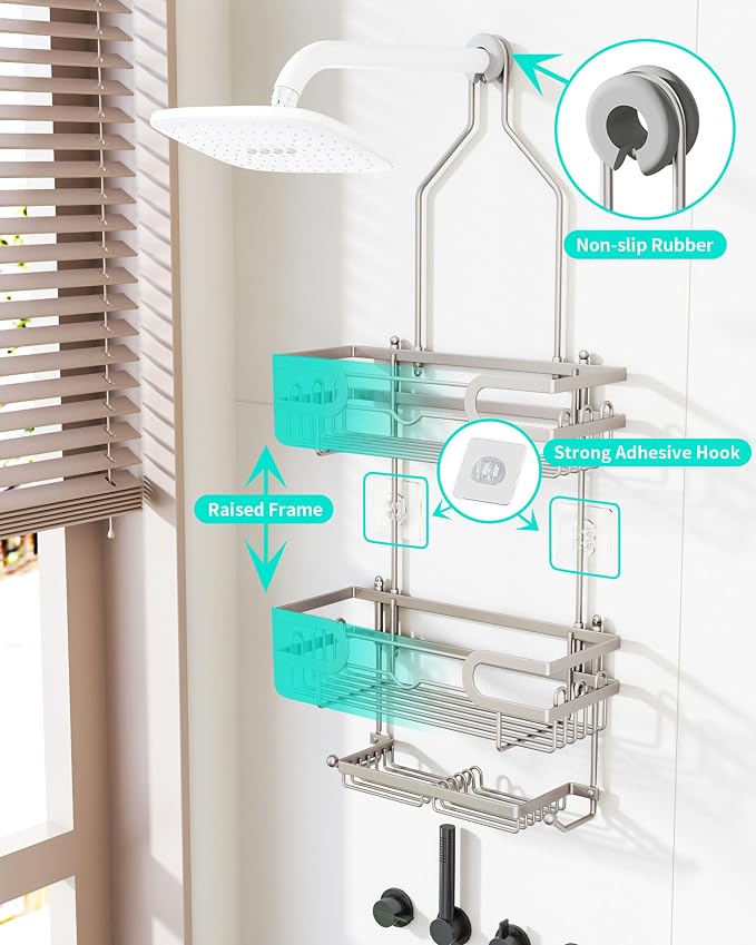 HapiRm Bathroom Hanging Shower Caddy - Rustproof Shower Shelf with 12 Hooks and 2 Soap Holders, No Drilling Bathroom Organizers and Storage - Brushed Nickel