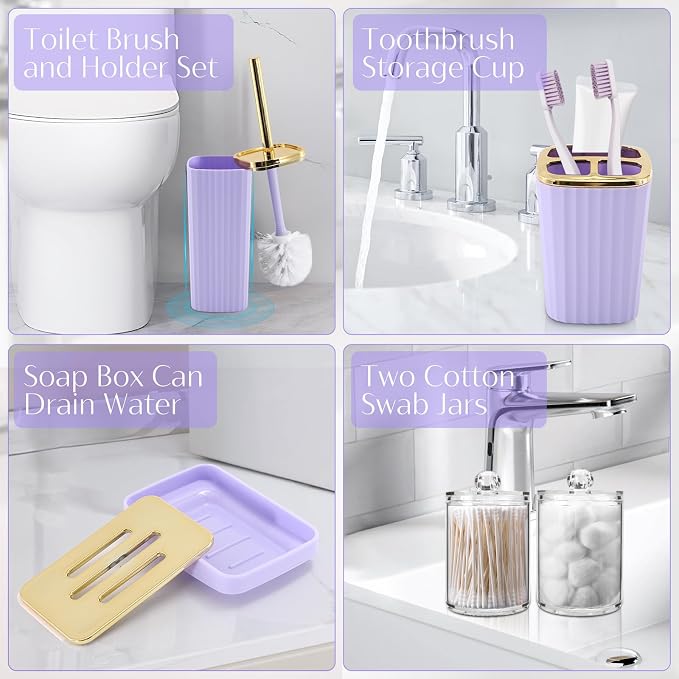 17PCS Bathroom Accessories Set, Purple Bathroom Set Bathroom Accessories Set with Trash Can, Toilet Brush, Toothbrush Holder, Qtip Holder & 3PCS Soap Dispenser