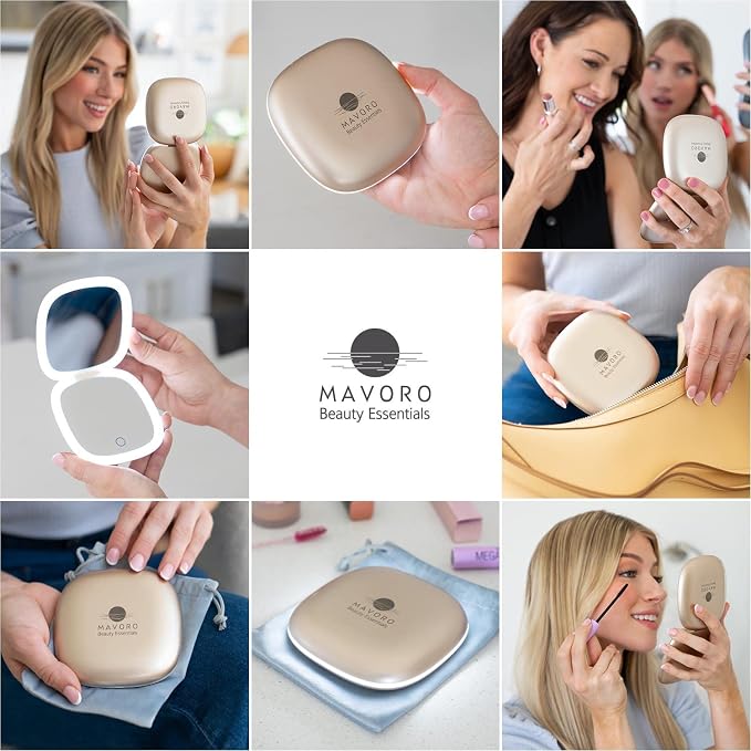 LED Lighted Travel Makeup Mirror 1x/10x, USB-C Rechargeable(Champagne Gold)