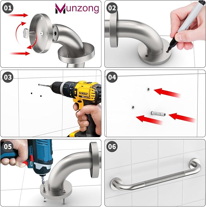 16 Inch Anti Slip Shower Grab Bar,Munzong Stainless Steel Handicap Grab Bar | Brushed Nickel Knurled Balance Bars for Bathtubs and Showers Safety Hand Rail Support Elderly Senior Bath Handle