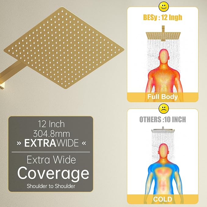 12 In Rain Shower Head High Pressure Rainfall Shower Head Brushed Gold | Square Rain Bathroom Showerhead, High Flow, Large Stainless Steel, Ceiling Mounted, Wall Mounted, Waterfall Full Body