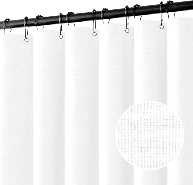 MIULEE W72*L84 Extra Long Linen Shower Curtain White 12 Metal Hooks | Washable, Heavy Fabric Shower Curtain Set, Waterproof Thick Cloth Shower Curtain, Bathroom Hotel Bathtub