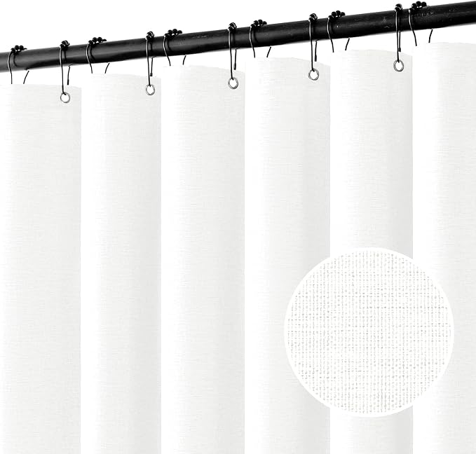MIULEE Linen Fabric Shower Curtain White W48*L72 8 Metal Hooks | Washable, Modern, Heavy Duty, Shower Curtain Set, Waterproof Neutral Thick Cloth Shower Curtain, Bathroom Bathtub