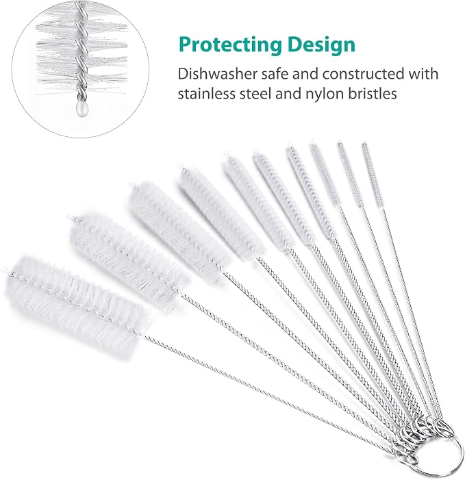 CiaraQ Bottle Cleaning Brushes, 8 Inch Nylon Tube Brush Set | White Cleaner for Narrow Neck Bottles Cups with Hook, Set of 10pcs.
