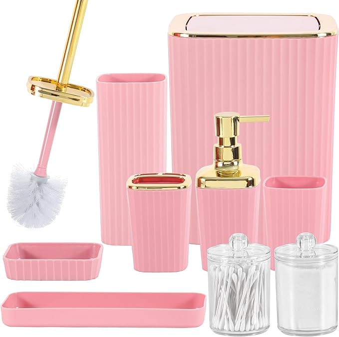 9 PCS Pink Bathroom Accessories Set with Trash Can Bathroom Accessory | All-in-One Kit with Trash Can,Toothbrush Holder,Soap Dispenser,Toothbrush Cup,Vanity Tray,Soap Dish,Toilet Brush etc for Home