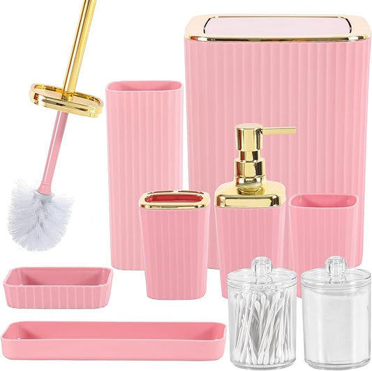 9 PCS Pink Bathroom Accessories Set with Trash Can Bathroom Accessory | All-in-One Kit with Trash Can,Toothbrush Holder,Soap Dispenser,Toothbrush Cup,Vanity Tray,Soap Dish,Toilet Brush etc for Home