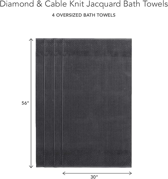 Texere 100% Organic Cotton Jacquard Towel Sets (Black (Diamond), 4 Bath Towels)