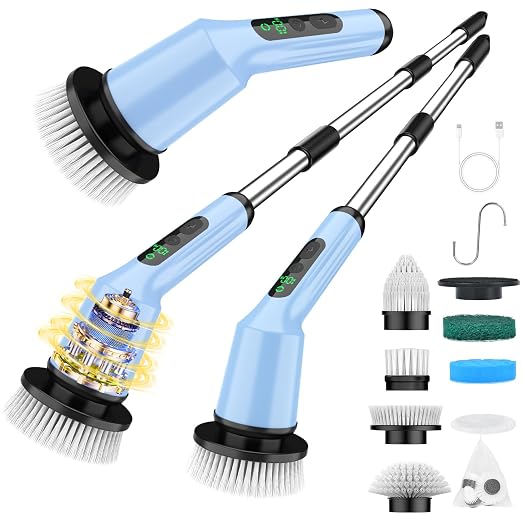 Electric Spin Scrubber for Bathroom, Shower Scrubber with Long Handle | Shower Cleaner Brushes, IPX7 Waterproof & 2 Speed, 8 Brush Heads, 90min Runtime, Bathroom Cleaning Supplies for Toilet Tub