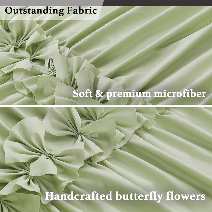 Sage Ruffle Shower Curtain, Handcrafted Bow Tie | Vintage Bath Curtain for Master Bathroom, Ruched Microfiber Bathroom Curtain with 12 Buttonholes, 72" W x 72" H (LQ-10)