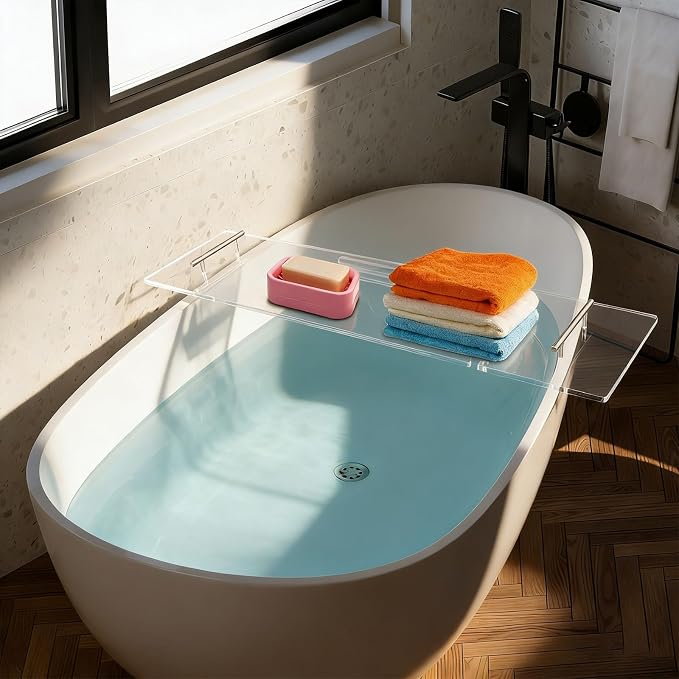 Clear Acrylic Bathtub Tray with Handles, Multiple Sizes Bath Tray, Bathtub Caddy for Bathroom Spa (39.4 * 9.45in)