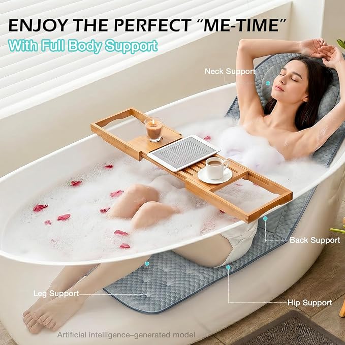 Full Body Bath Pillow for Bathtub, Thick Soft Tub Cushion with Non-Slip Suction Cups Dual Hooks, Luxury Spa Pillow for Neck Back and Hip Support, 53" x 17"