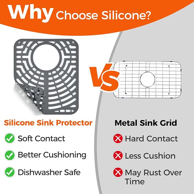 Snuggery Silicone Sink Protector for Kitchen Sink, 12"x14" Rear Drain | Scratch protection, cushions fragile dishes and glassware, dishwasher safe, food-grade silicone, 446°F heat resistant