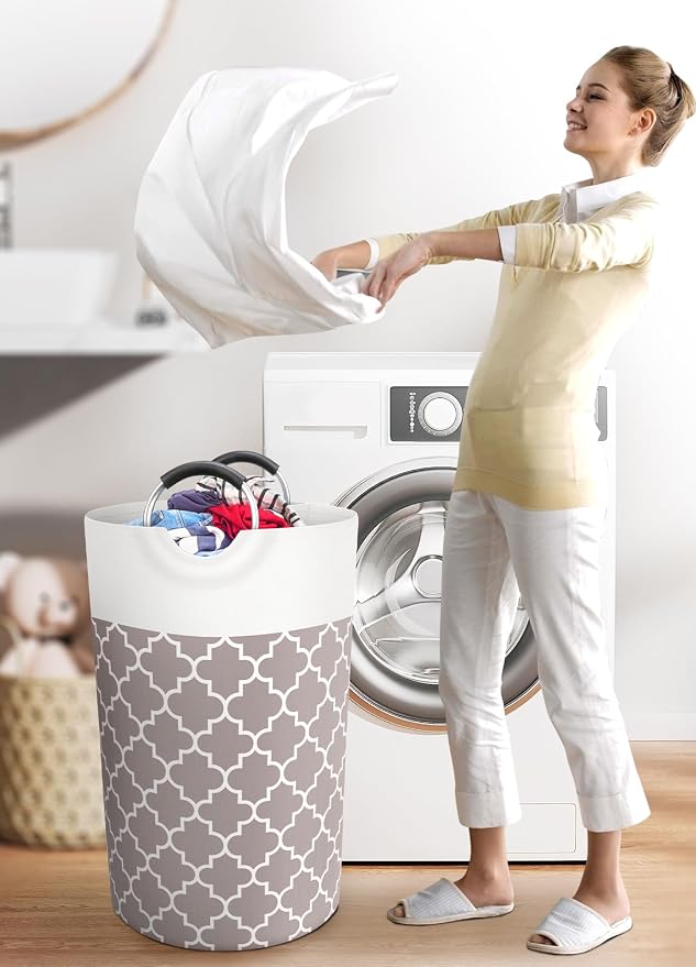 Large Laundry Basket, 82L Tall Collapsible Hamper with Handles, Khaki | Freestanding Laundry Hamper, Waterproof Dirty Clothes Storage Bag for College, Bathroom, Foldable Washing Bin for Travel