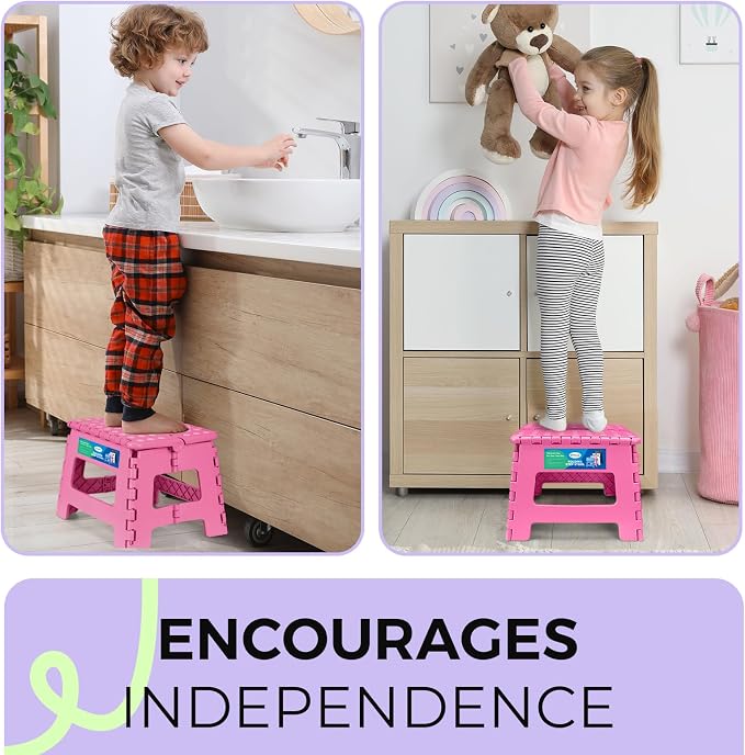 Dyforce Kids Step Stool 9 Inch, 300lbs Folding Step Stool for Toddler | Step stool Pink,Anti-slip Heavy Duty Stool with Handle, Lightweight Foldable Foot Stool for Bathroom Kitchen Bedroom Outdoor
