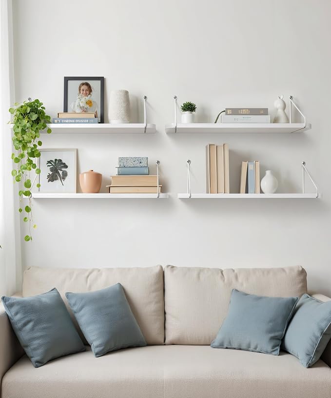 Afuly White Floating Shelves for Wall, 24in Shelf with Brackets, Set of 2 | Long Hanging Bookshelf, Plants Photos Display, Organizer Modern, for Bathroom, Kitchen, Living Room, Bedroom, Home Decor