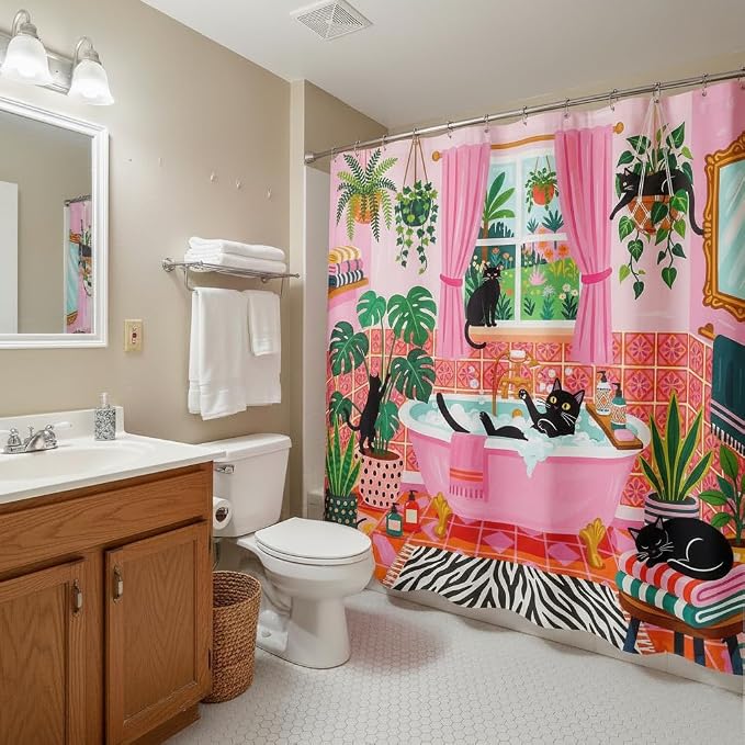 Accnicc Funny Cat Shower Curtain Boho Cute Fun Black Cats Shower Curtains for Bathroom Green Tropical Plant Pink Decorative Girly Waterproof Fabric Bath Curtain Decor 72 X 72 Inches