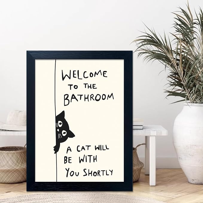 Framed Black and White Bathroom Painting Welcome to the Bathroom Wall Art A cat Will be With You Shortly Funny Cat Lover Picture Canvas Print Poster Modern Home Decor