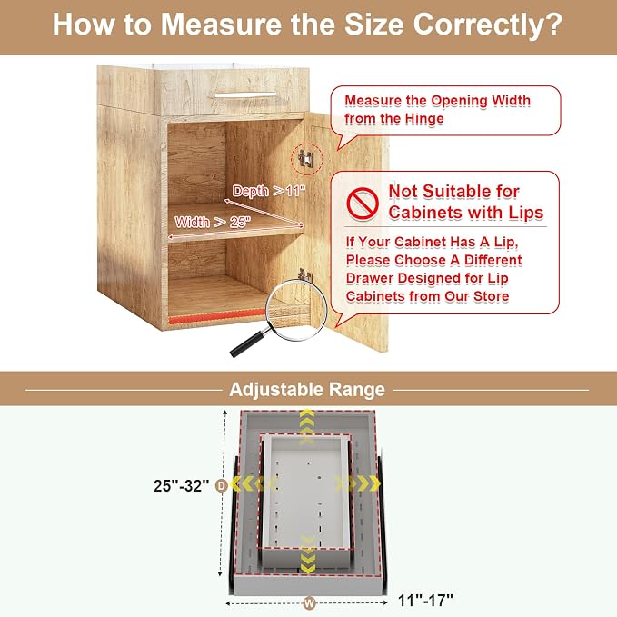 Fokyfok Pull out Cabinet Organizer,11"-17"W,25"-32"D,Expandable,Adhesive | No Drill,3 Rails,Adjustable Slide out Drawers for Kitchen,Pantry,Roll out Shelves,for Cabinets Without Lip,Bathroom,White,1PC