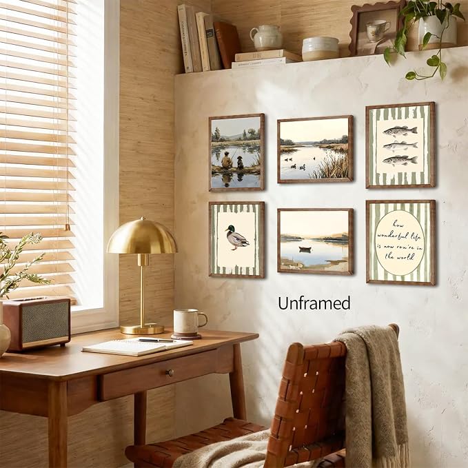 ZYANGZY Vintage Fishing Poster Set of 6, Retro Mallard Duck Wall Art Painting Rustic Nursery Wall Decor Dog and Boy Canvas Picture Prints for Farmhouse Bedroom Living Room 12x16 inch Unframed