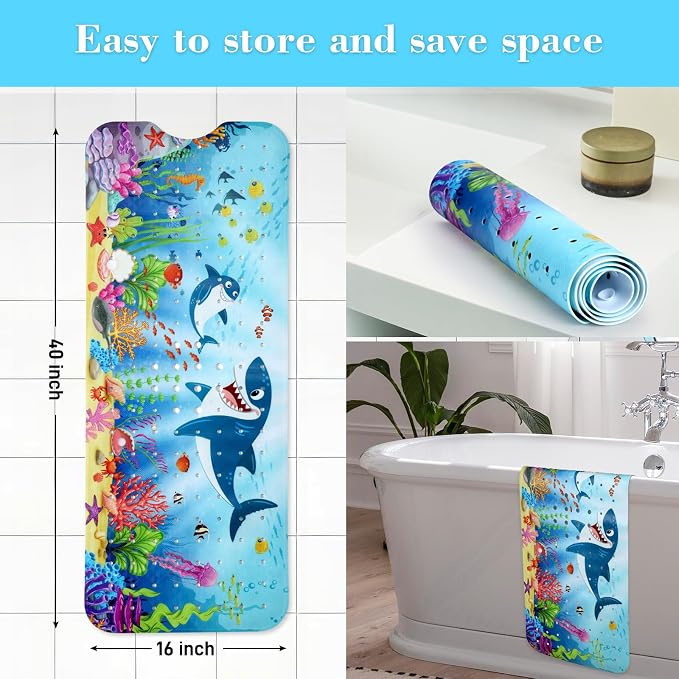 Secopad Bathtub Mat Non Slip, Cute Tub Mat, 40" x 16", Sharks | Rectangular, Anti-Slip, Machine Washable, with Drain Holes and Suction Cups,For Bathtub and Shower Floor, for Toddler & Kids