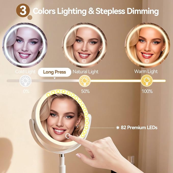 20X Magnifying Mirror with Lights and Storage, Double Sided Vanity Mirror | Rechargeable Makeup Mirror, 3 Color Lighting, Fast Charge and Long-lasting Work, Height Adjustable, Memory Function, White