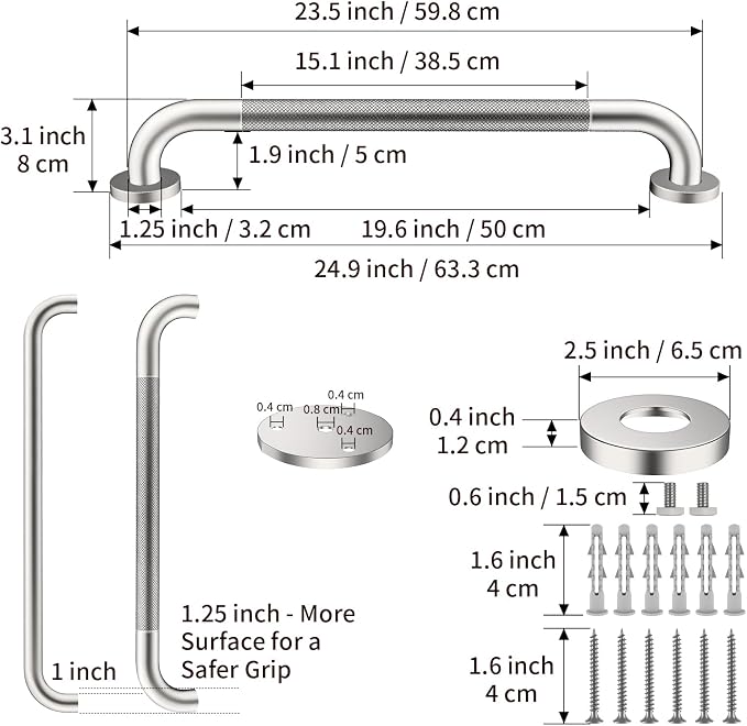 Brushed Nickel Safety Bar 24 Inch, Shower Grab Bar for Senior | Anti-Slip Knurled Grip, 1.25" Diameter, Stainless Steel Bathroom Handrail for Elderly, Handicap Support Bars, Wall Mounted