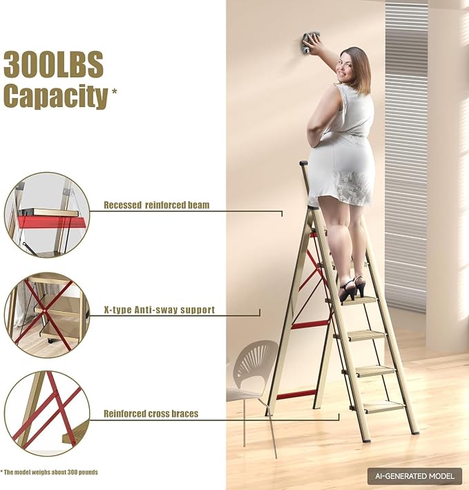 6 Step Ladder, Folding Step Stool, Lightweight Stepladder, Gold | Reach 12ft;Anti-Slip 7.9'' Wide Pedal;Portable Handrail;Space-Saving;For Kitchen, Home, Library, Office Use;300lbs Capacity