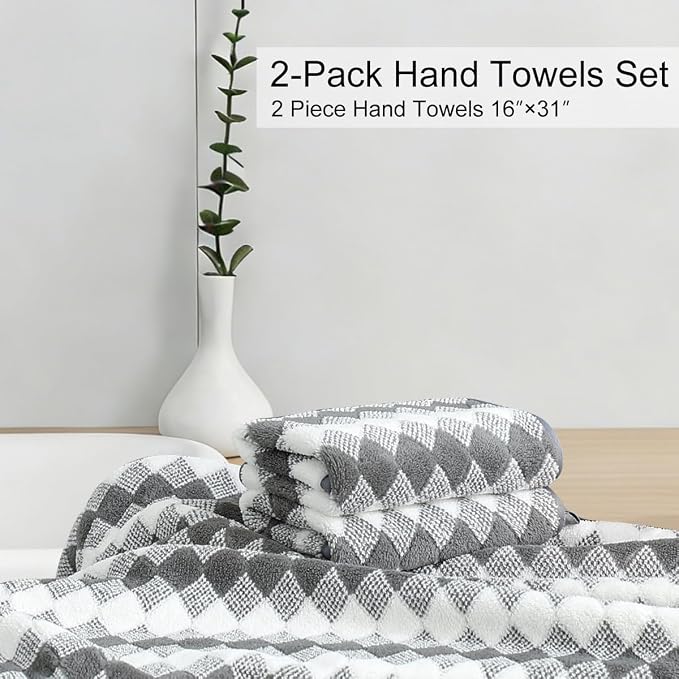 2 Piece Gray Diamond Hand Towels for Bathroom 16"x31" Ultra Soft Breathable Hand Face Towels Highly Absorbent Towel Quick Dry Towel for Spa Gym Hotel Travel Camp