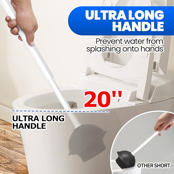 4in1 Toilet Plunger and Brush Set - Home Bathroom Cleaning Tools | 21", Groove Gap Brush, Cleaning Gloves, Heavy Duty Toilet Bowl Cleaner, Apartment Must Haves Bathroom Decor, Light Grey