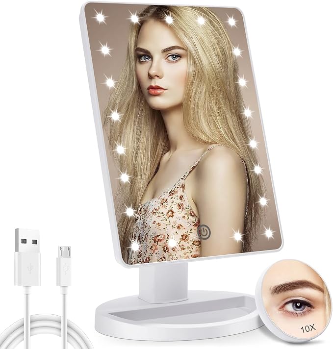 COSMIRROR Lighted Makeup Vanity Mirror with 10X Magnifying Mirror 21 LED | Lighted Mirror with Touch Sensor Dimming, 180°Adjustable Rotation, Dual Power Supply, Portable Cosmetic Mirror (White)