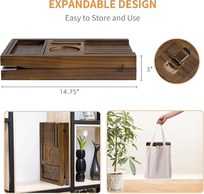 Wood Bathtub Tray Table - Foldable Bath Tray for Tub with Expandable Handles, Wine Glass & Phone Holder, Book Stand - Enhance Home Spa Experience with Natural TeakMaterial, Walnut