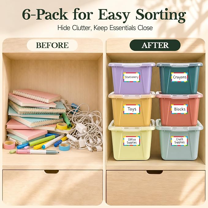 GAMENOTE 6 Quart Storage Bins with Lids, Plastic Latching Box for Classroom & Kids Toy Storage,Stackable Shoe Box Size Containers for STEM Morning Tubs, Crafts & Blocks (6, Morandi)