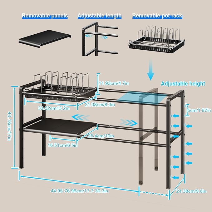 Mustorn Pots and Pans Organizer Under Cabinet, Expandable 2 Tier Under Sink Organizers and Storage Adjustable Height Kitchen Pot and Pan Lid Holder Rack with 6 Dividers(6panels,1 Pot rack, Black)
