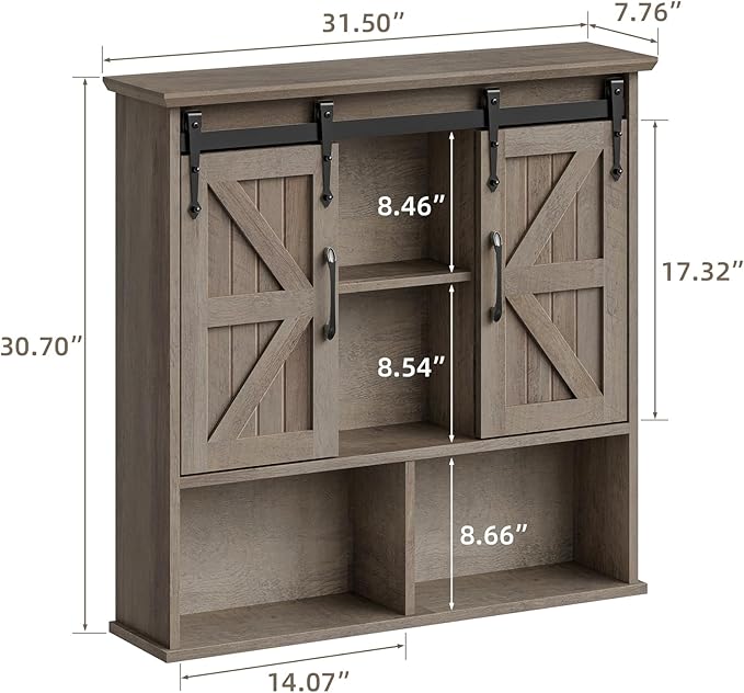 Vabches Bathroom Wall Cabinet, Farmhouse Medicine Cabinet, Washed Oak | Wooden Vintage Storage Cabinet Wall Mounted with Double Sliding Barn Door and Adjustable Shelf for Bathroom, Kitchen