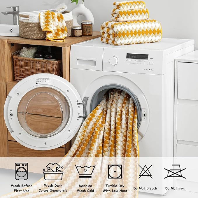12 Pcs Ginger Yellow White Diamond Towel Set-4 Bath Towels,4 Hand Towels,4 Washcloths Soft Polyester Bath Towel with Loop Absorbent Shower Towel Quick Dry Family Towels for Bathroom Spa Gym
