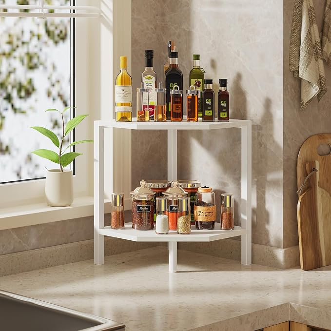 Creso hom Corner Shelf Stand, 2 Tier Industrial Corner Bookshelf | Multipurpose Standing Corner Display Shelf Countertop Organizer for Living Room Kitchen Bedroom Office, White