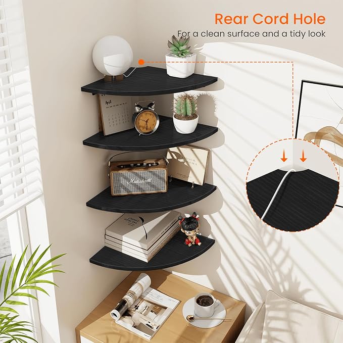 Corner Shelf Wall Mount, 4 Tier Rounded Corner Floating Shelves, 12 Inch Deep Hanging Corner Shelf Storage, Wood Corner Wall Shelving for Living Room Bedroom Bathroom Kitchen, Black