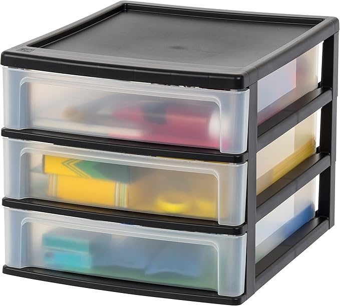 IRIS USA 3-Drawer Medium Plastic Stacking Desktop Organizer, Black | Keep dorm desks organized with drawers for school supplies, makeup, snacks, chargers and everyday college essentials