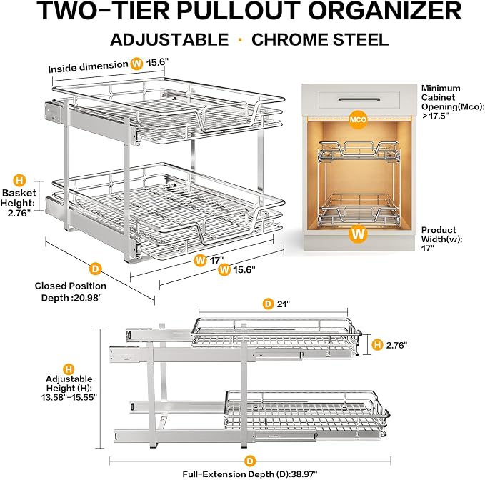 2-Tier Kitchen Cabinet Pull Out Cabinet Organizer,Shelf and Drawer Organizer Slide Out Pantry Storaqe Basket in Multiple Sizes (17" W x 21" D)