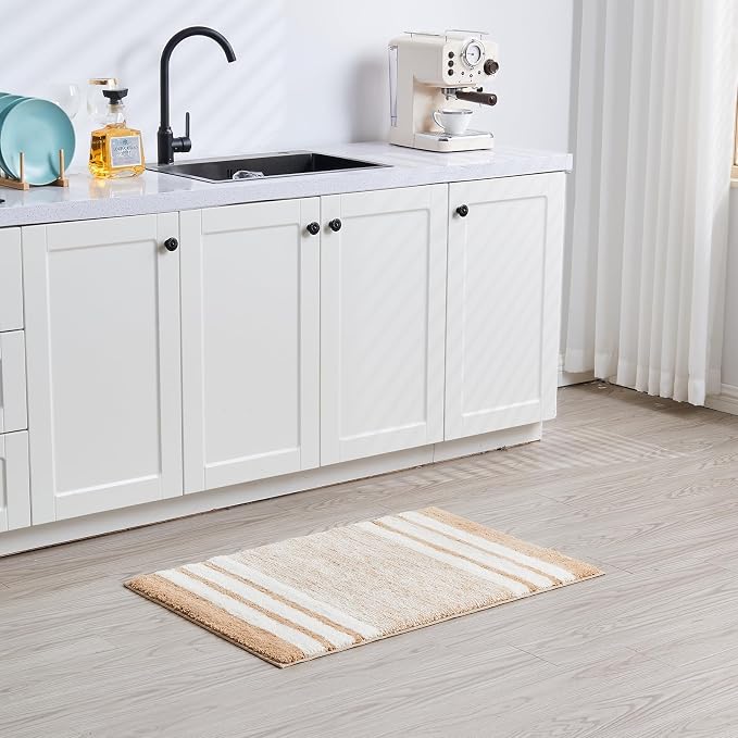 CozeCube Beige Striped 36"x24" Non Slip Washable Bath Mat | For Bathroom, Fluffy Absorbent Microfiber Bath Mats Machine Wash, Stylish Large Aesthetic Bathroom Rugs