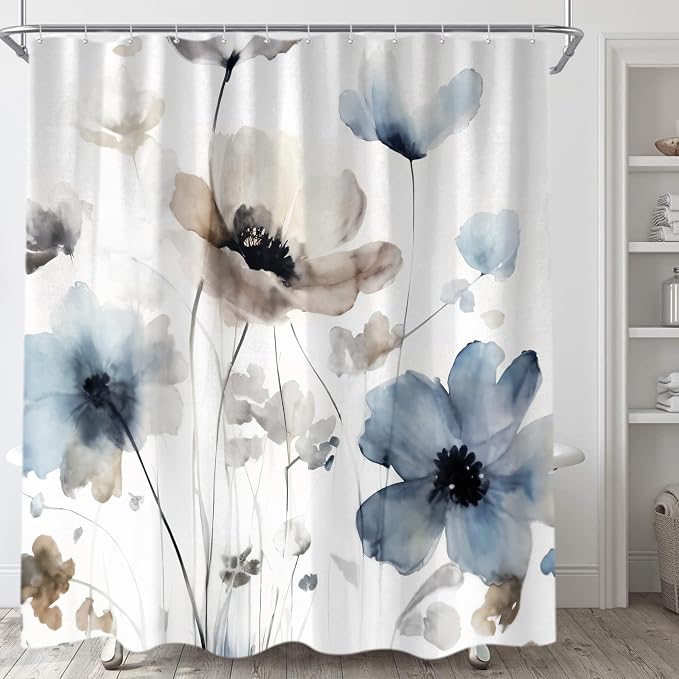 Sanzugh Boho Floral Extra Long Shower Curtain, Cute Cream Tan Beige Blue Grey White Watercolor Flower Fabric Shower Curtains Set for Bathroom Decoration with Hooks 72 X 96 inch Farmhouse Bath Decor