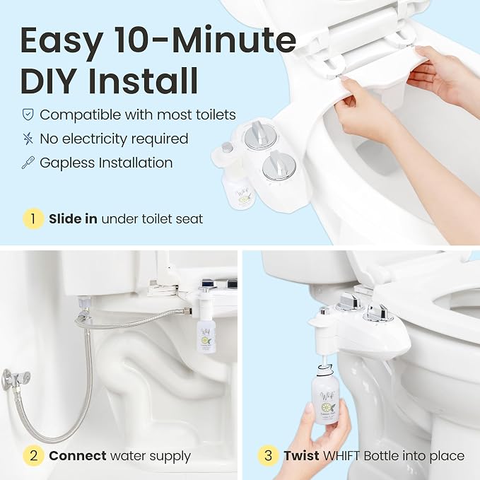 LUXE Bidet WHIFT 185 Bidet - Deodorizing EZ-Lift Bidet Attachment, White | Non-Electric, Built-In Deodorizing Spray, Cold Water, Lemon Refill Included, Easy Slide-In Install, Rear & Feminine Wash