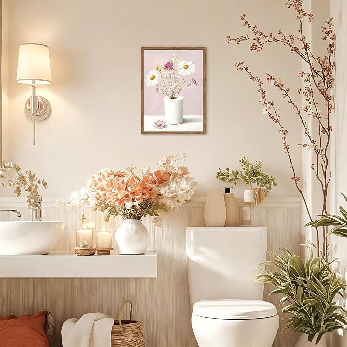 Vintage Floral Toilet Paper Wall Art Cute Wildflower Restroom Wall Decor Picture Funny Pink Flower Bathroom Canvas Painting Print 12x16 inch Wood Framed