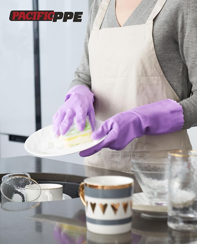 2 Pairs Dish Gloves, Cotton Flocked Liner, Purple, Medium | Waterproof dishwashing gloves with non-slip grip, Latex-Free, flexible fit for kitchen, bathroom, laundry & cleaning