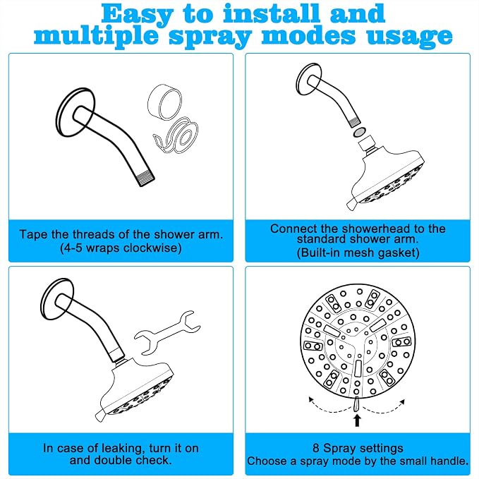 Shower Head, REHAVE Rainfall ShowerHead, 5.1 Inches High-Pressure with 63 Jets 8 Spray Modes - Replacement for Bathroom Shower Heads - Anti-Clogging Silicone Nozzles, Brass Angle-adjustable Ball Joint